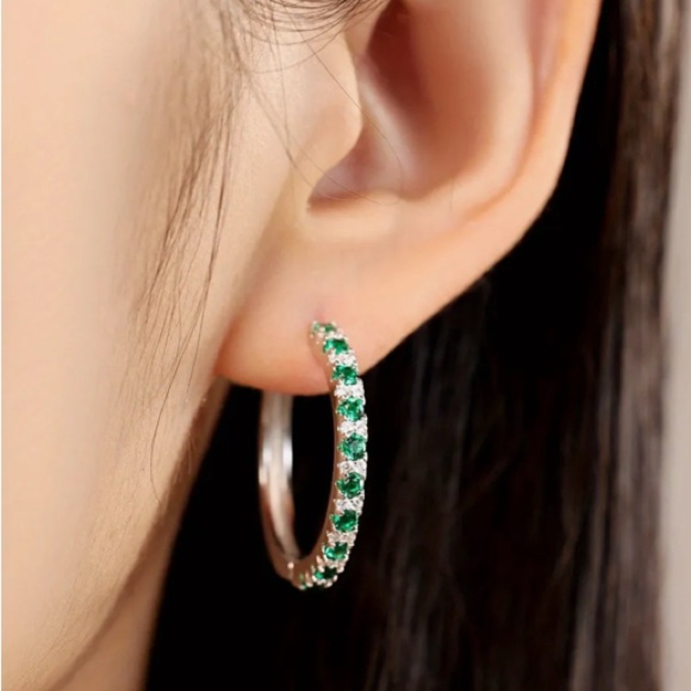 Silver .925 Plated and Green Cubic Zirconia Hoop Earrings